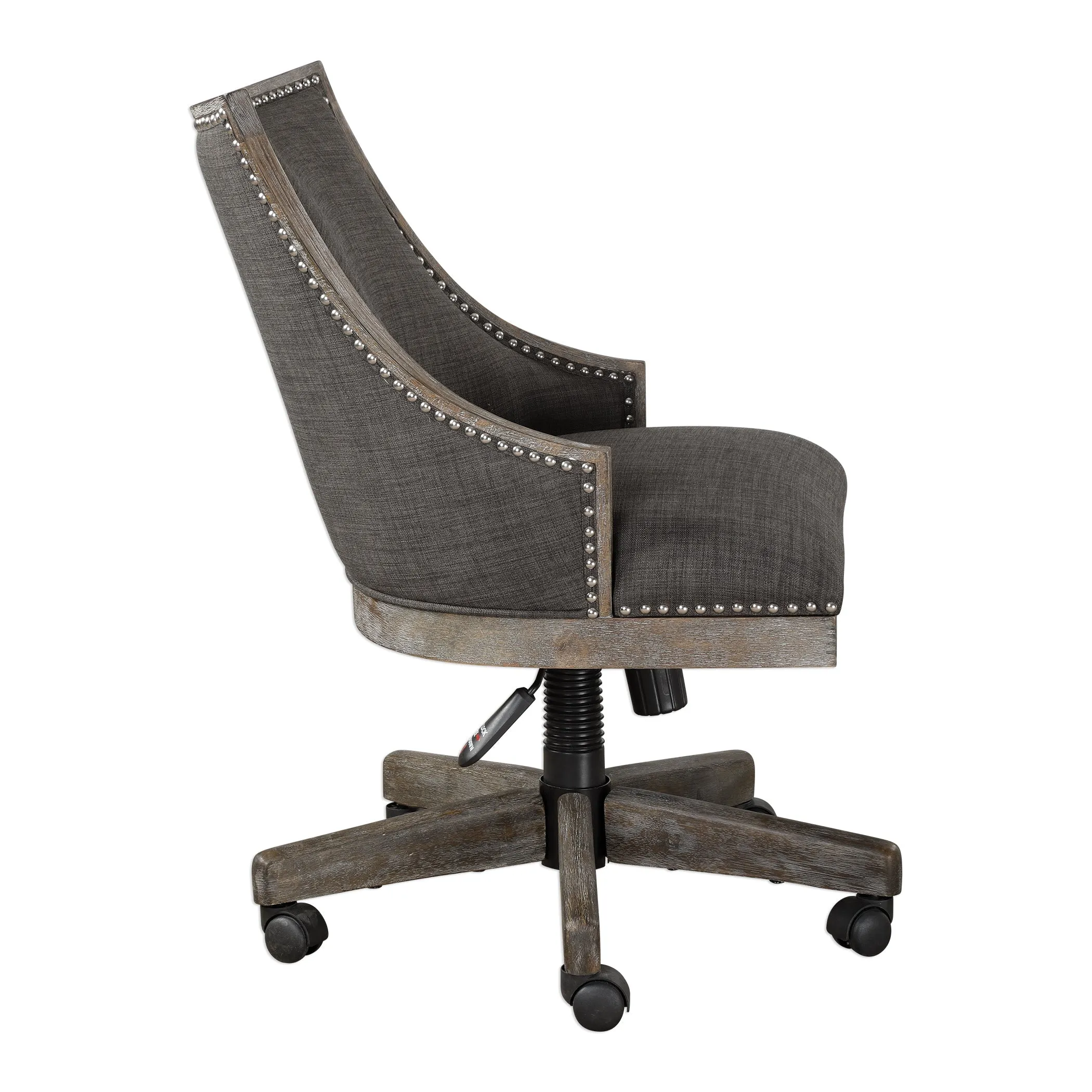 Aidrian Charcoal Gray Linen Desk Chair with Polished Nickel Accents – Adjustable Height & Stylish Design