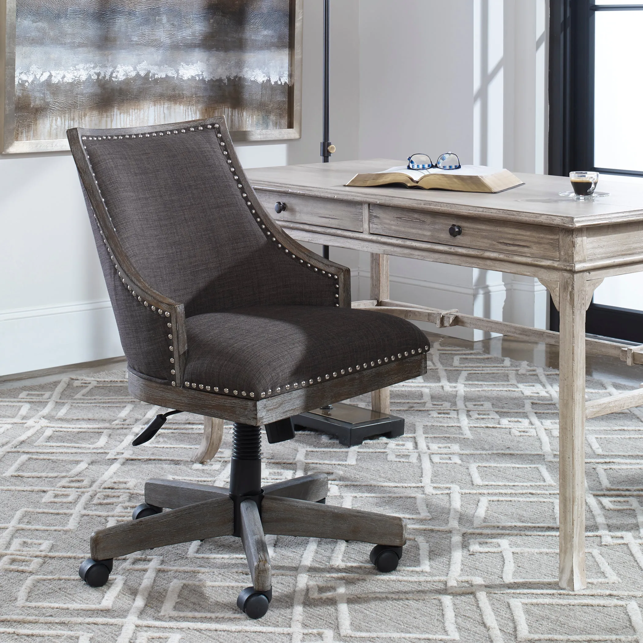 Aidrian Charcoal Gray Linen Desk Chair with Polished Nickel Accents – Adjustable Height & Stylish Design