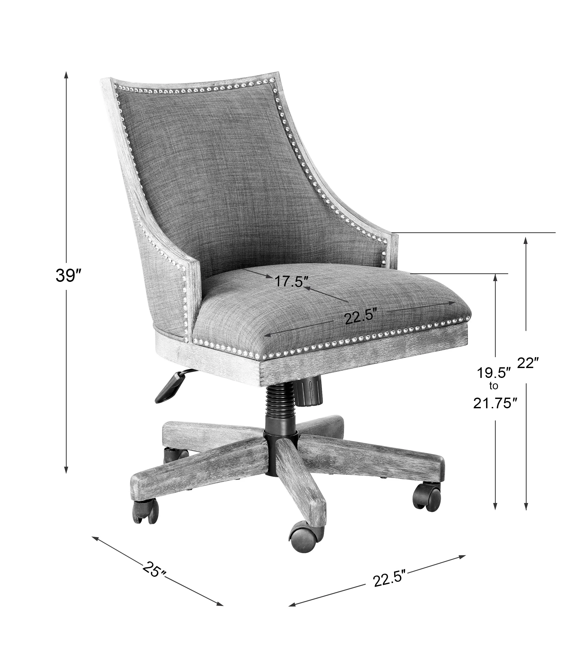 Aidrian Charcoal Gray Linen Desk Chair with Polished Nickel Accents – Adjustable Height & Stylish Design