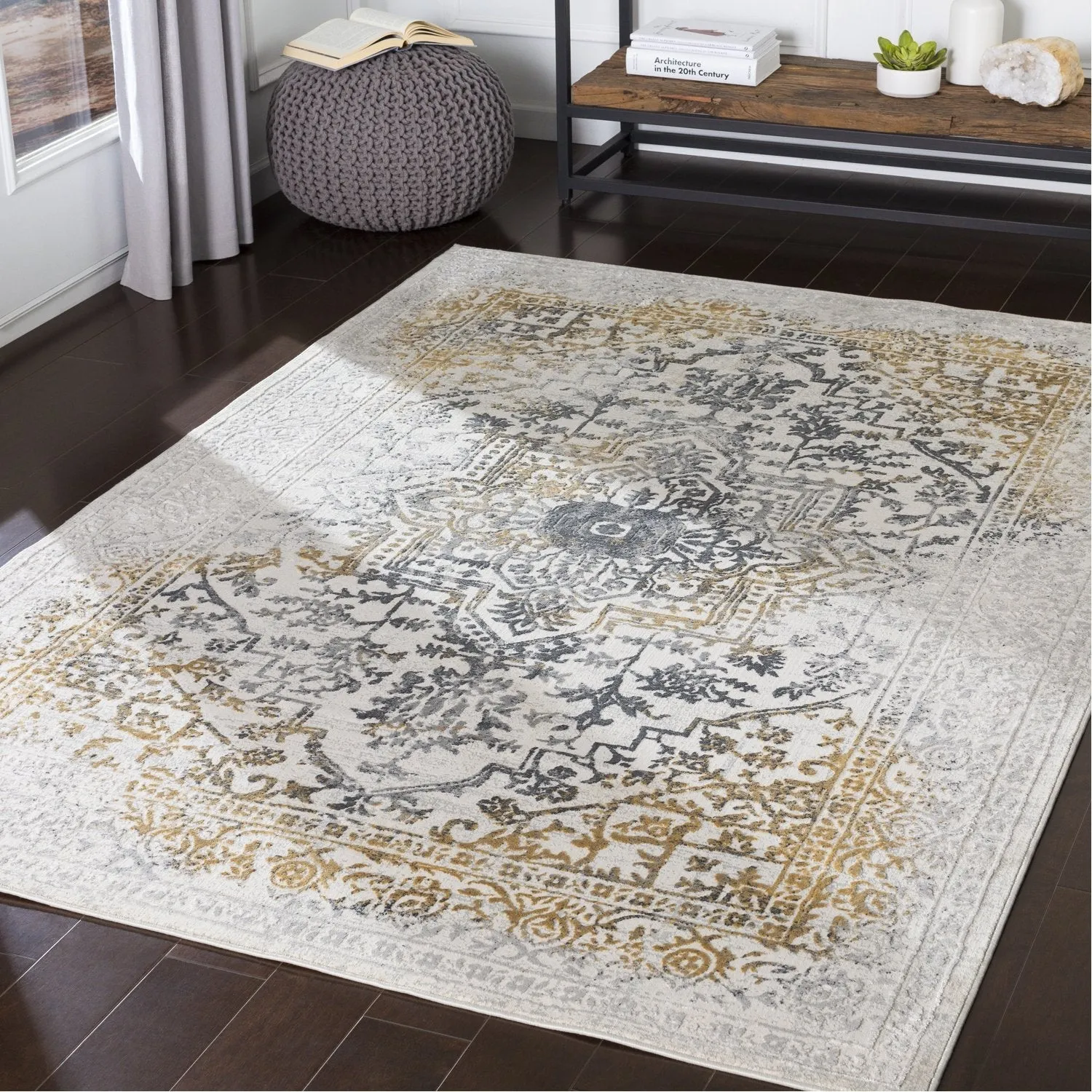 Aisha Rug in Charcoal, Medium Gray, Mustard, Light Gray