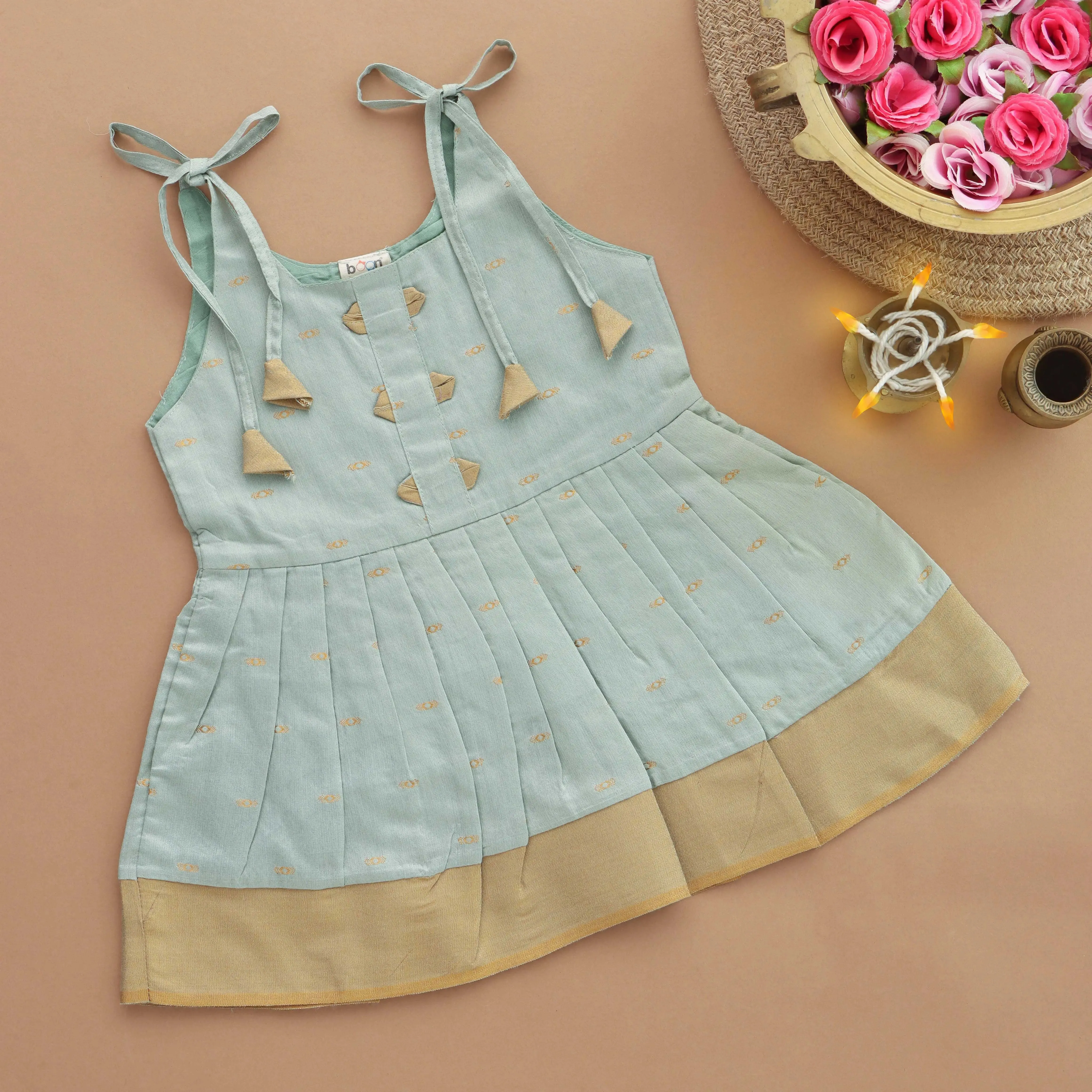 Aqua Elegance: Ethnic Silk Frock with Cute Tassels