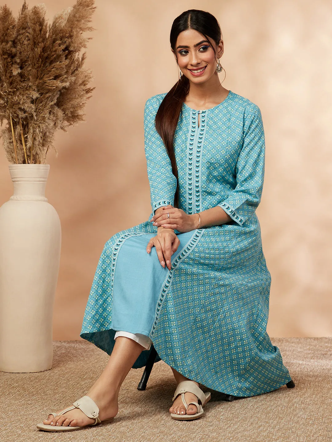 Aqua Rayon A-Line Printed Kurta