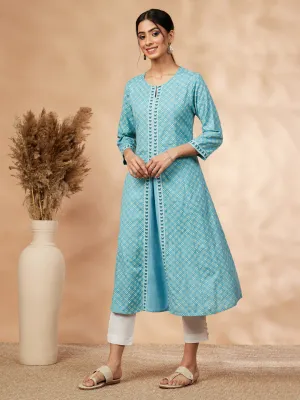 Aqua Rayon A-Line Printed Kurta