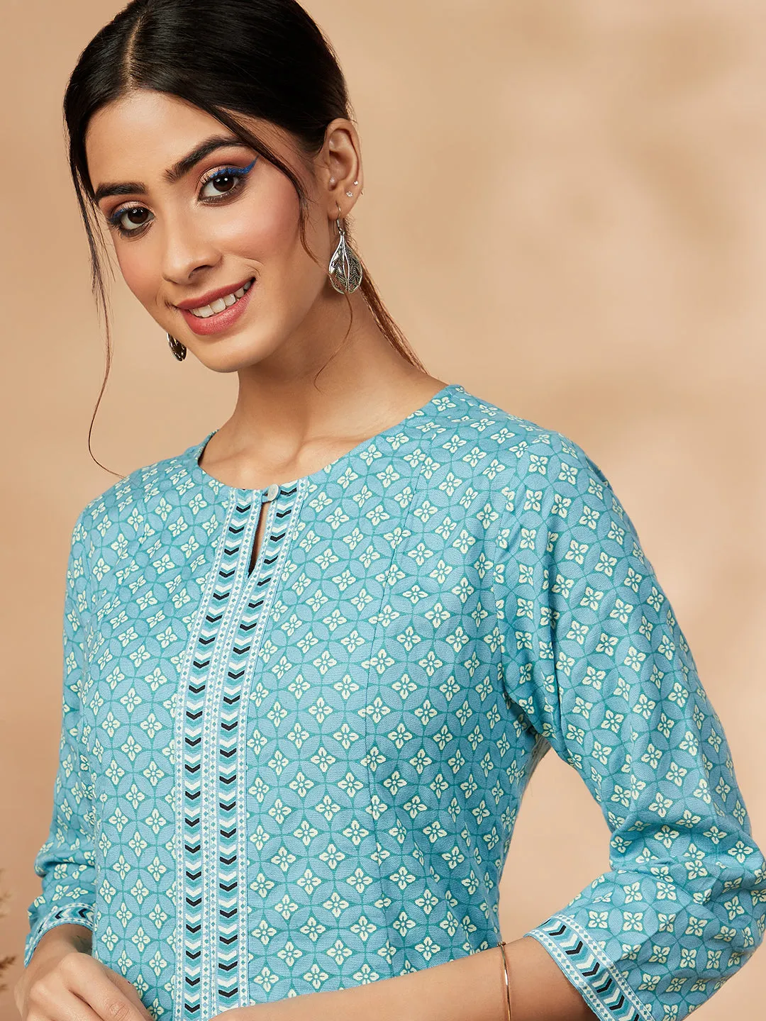 Aqua Rayon A-Line Printed Kurta
