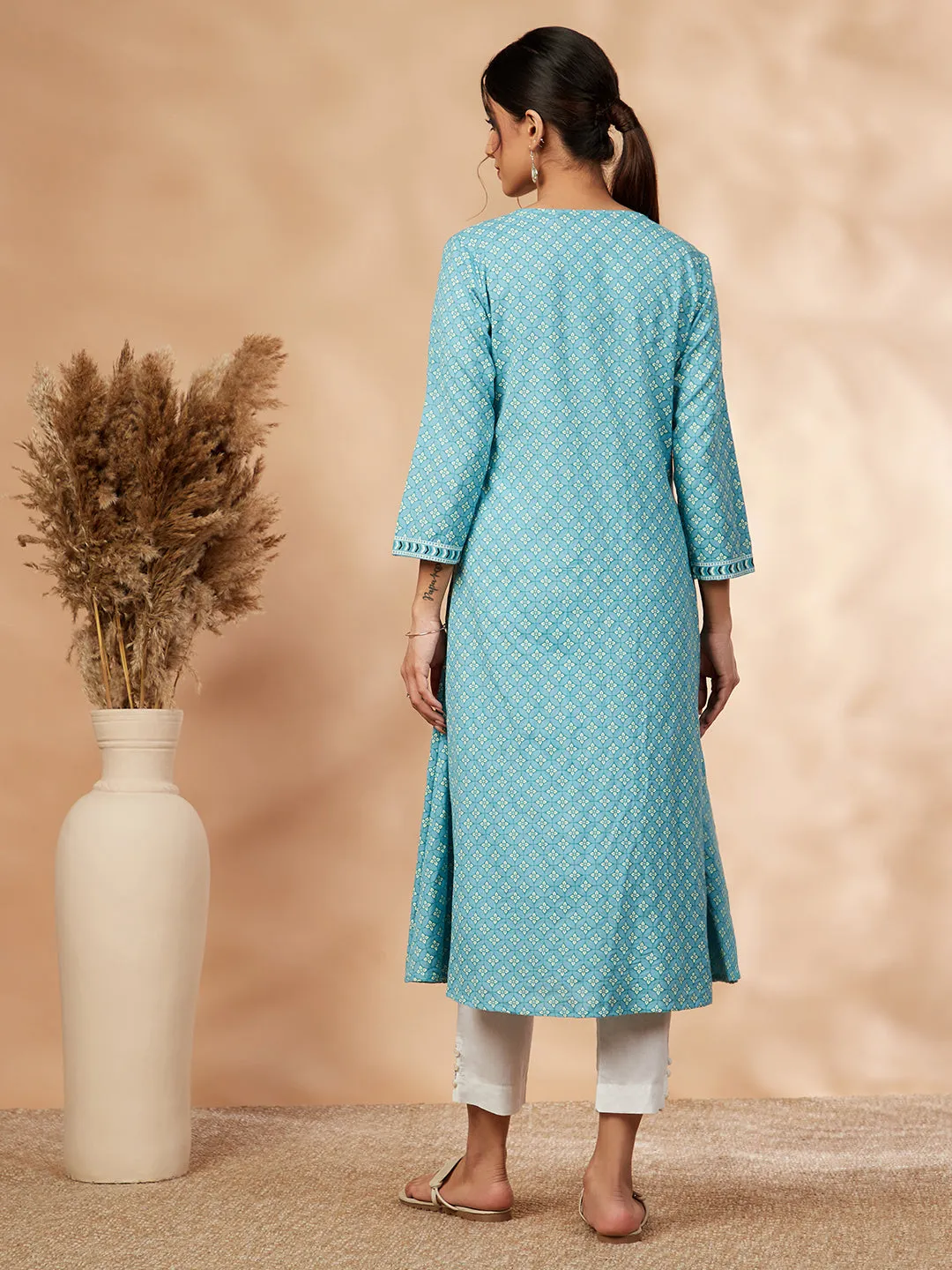 Aqua Rayon A-Line Printed Kurta