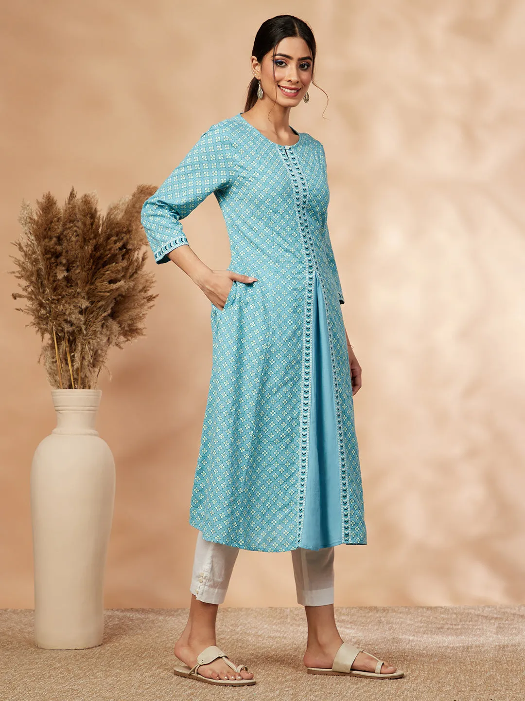 Aqua Rayon A-Line Printed Kurta
