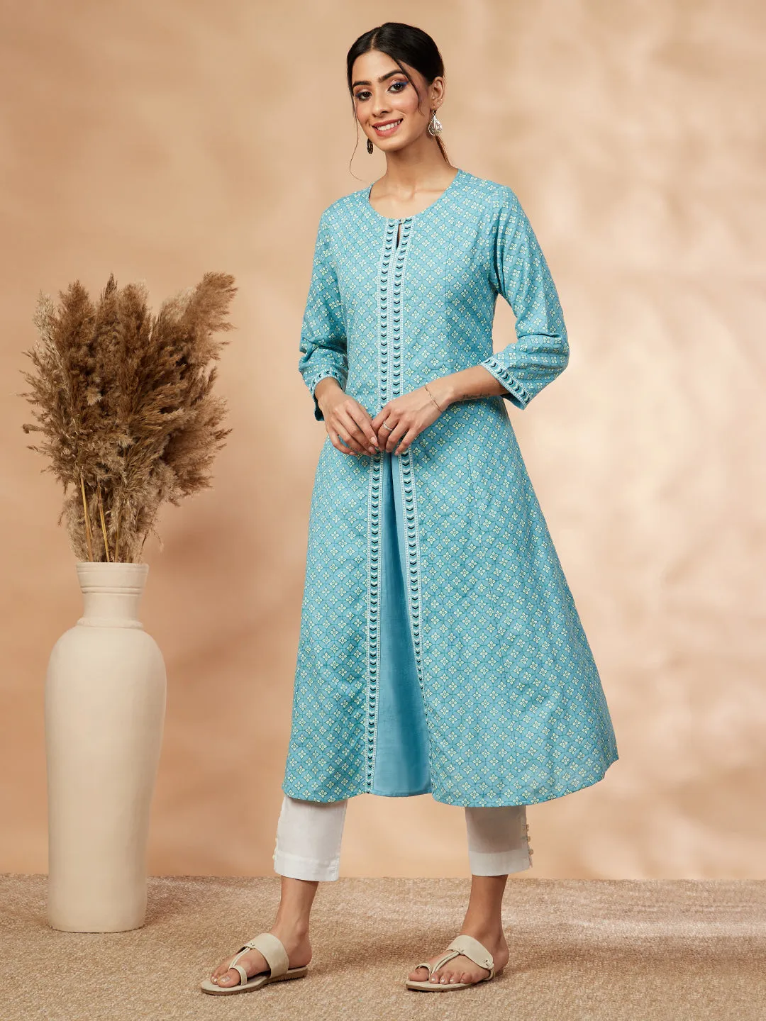 Aqua Rayon A-Line Printed Kurta