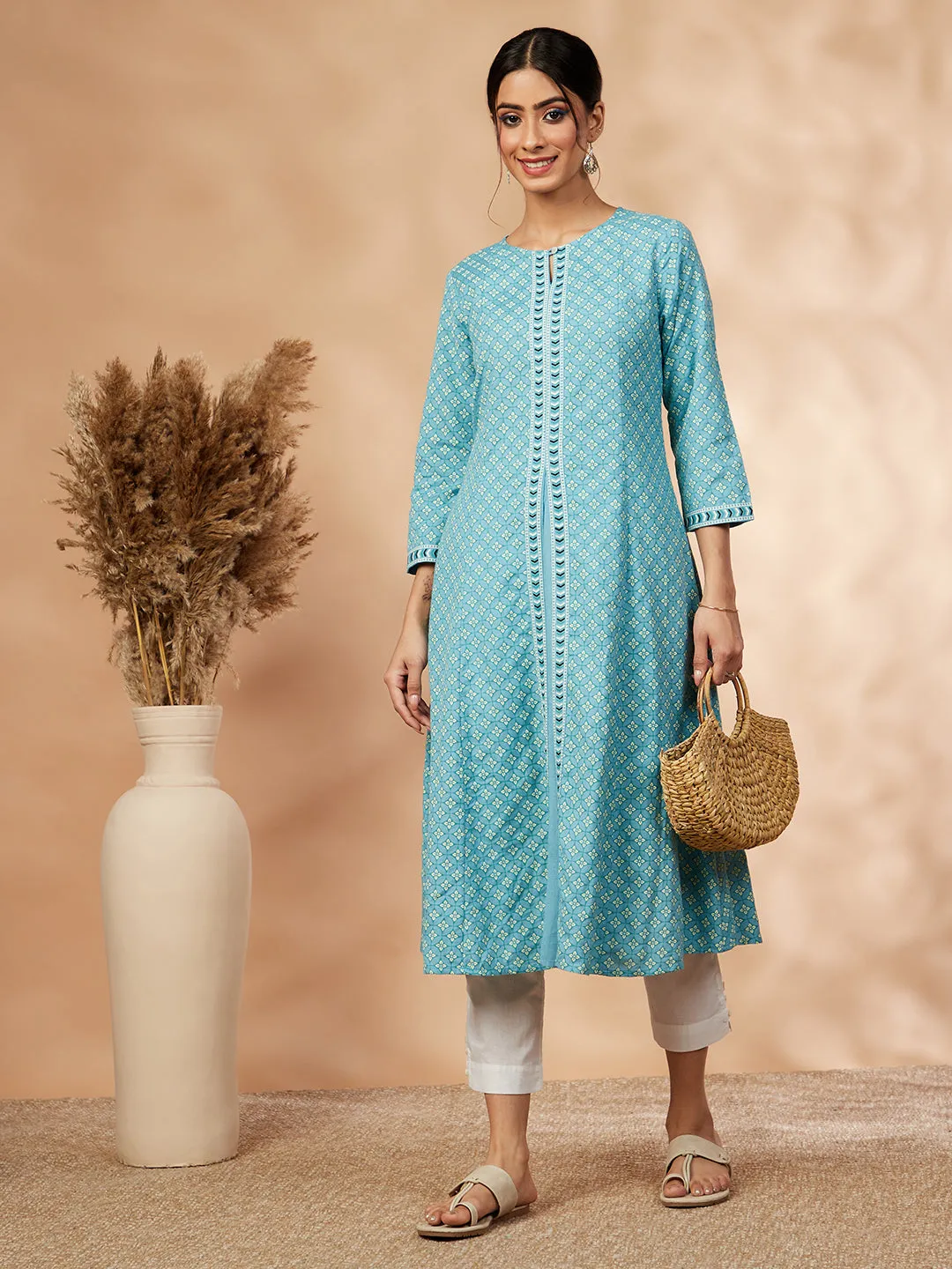 Aqua Rayon A-Line Printed Kurta