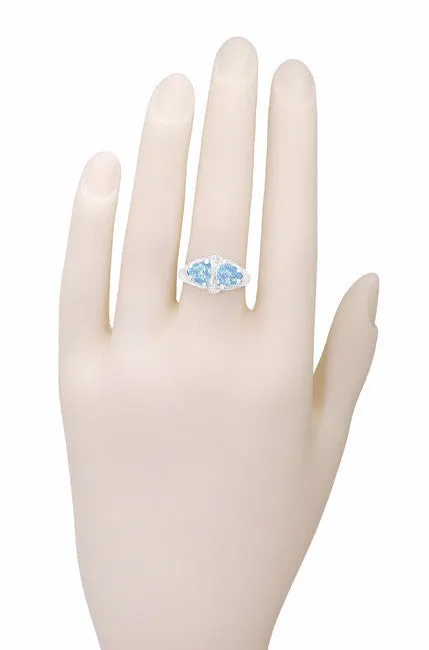 Art Deco Loving Duo Filigree Blue Topaz 2 Stone Ring in 14 Karat White Gold