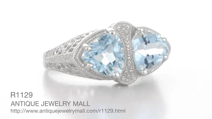 Art Deco Loving Duo Filigree Blue Topaz 2 Stone Ring in 14 Karat White Gold