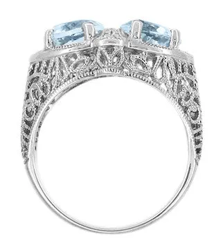 Art Deco Loving Duo Filigree Blue Topaz 2 Stone Ring in 14 Karat White Gold