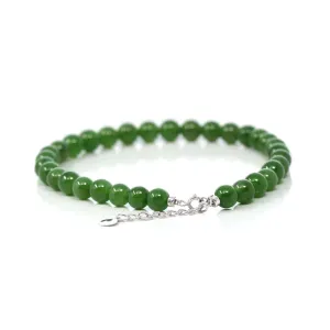 Baikalla High Genuine Fine Green Nephrite Jade Round Beads Bracelet With 18K White Gold Jump Ring ( 6mm )