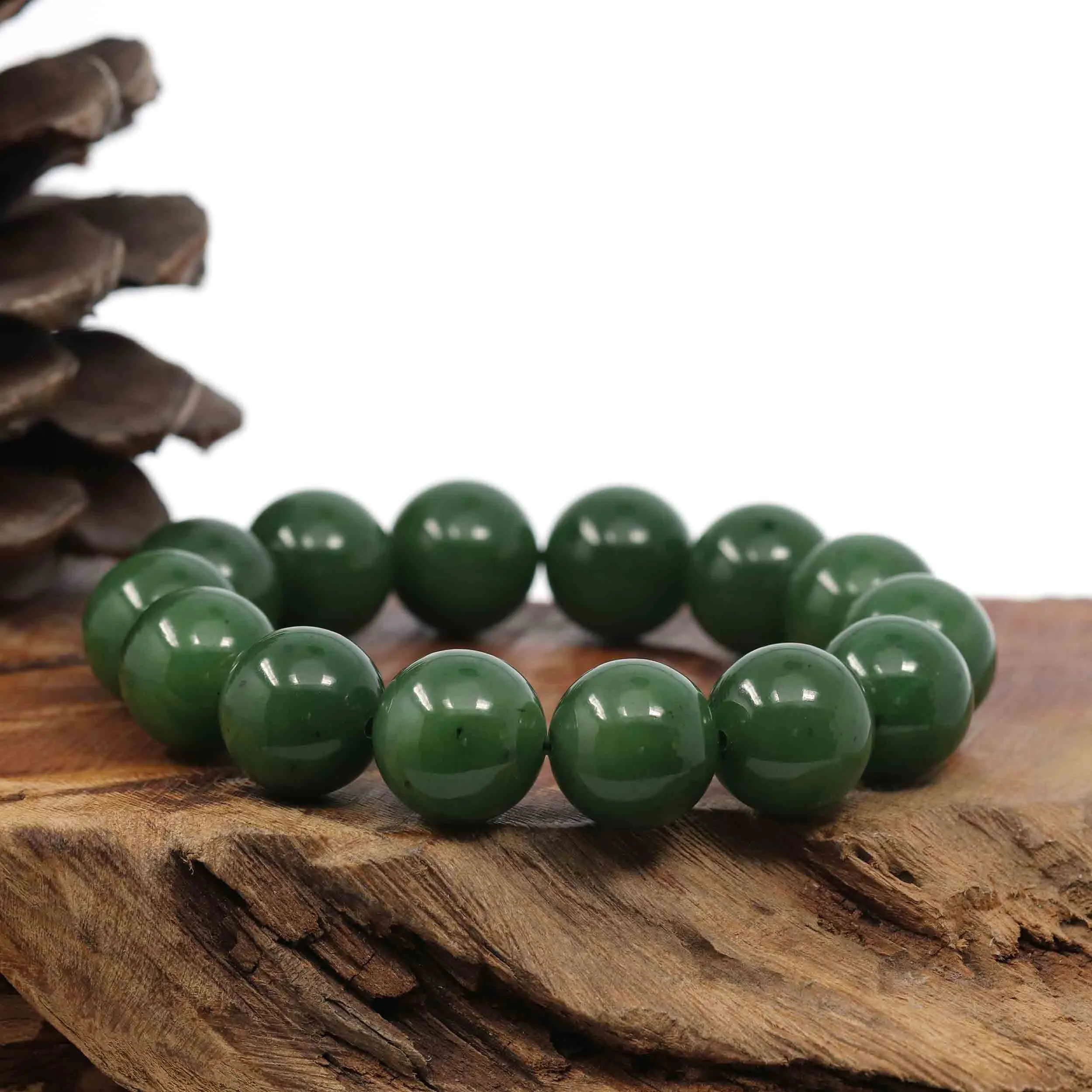 Baikalla High Quality Green Nephrite Jade Large Round Beads Men's Bracelet( 14.8mm )