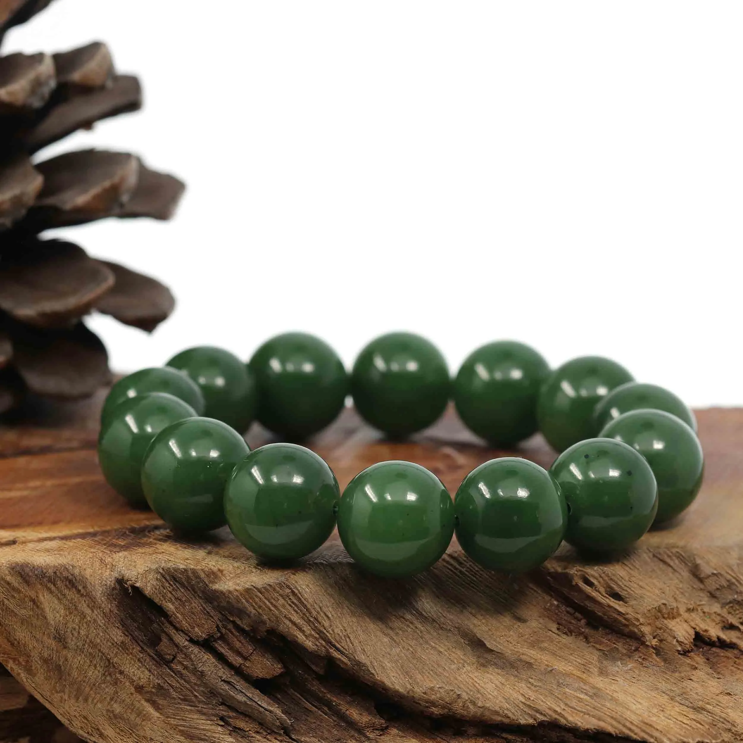 Baikalla High Quality Green Nephrite Jade Large Round Beads Men's Bracelet( 14.8mm )