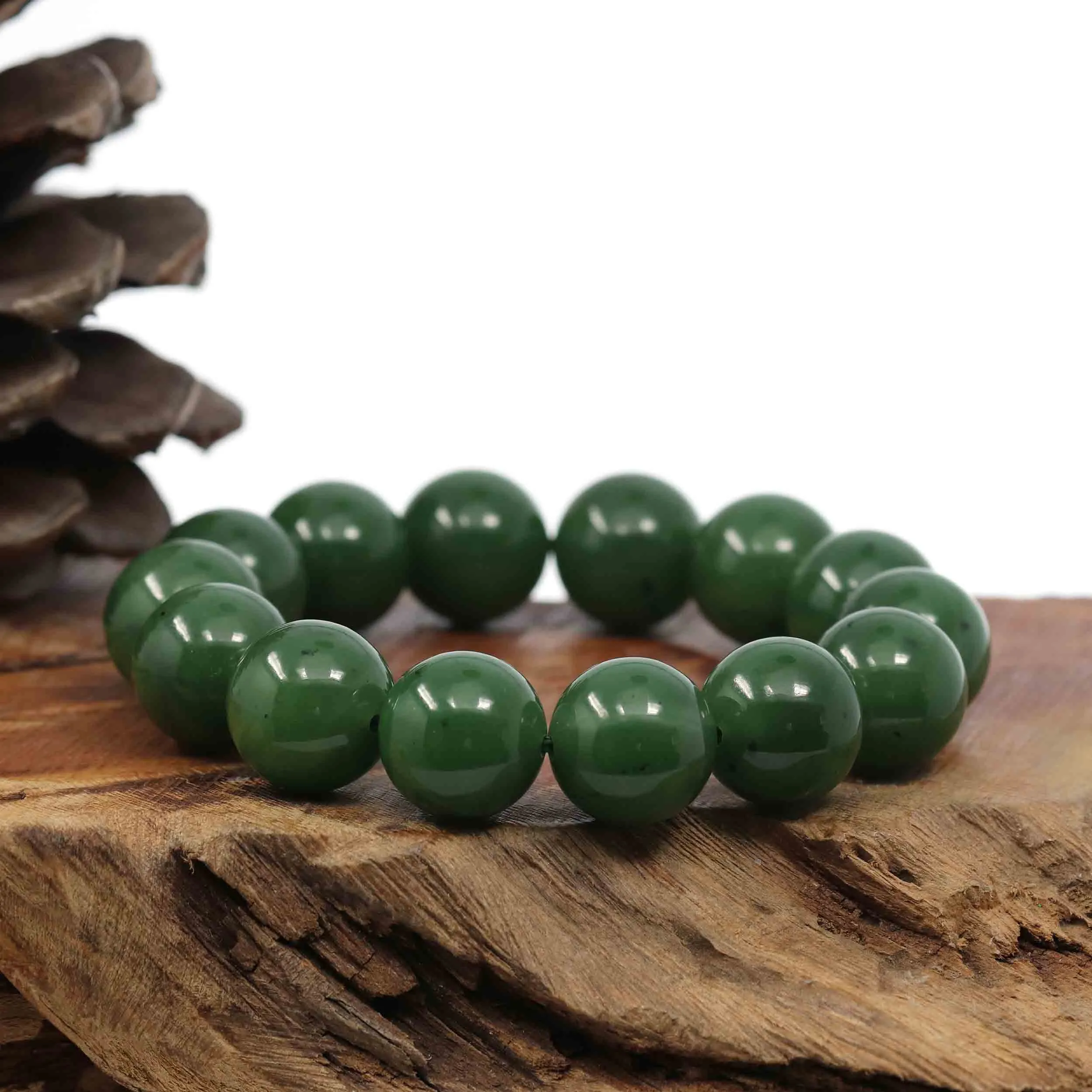 Baikalla High Quality Green Nephrite Jade Large Round Beads Men's Bracelet( 14.8mm )