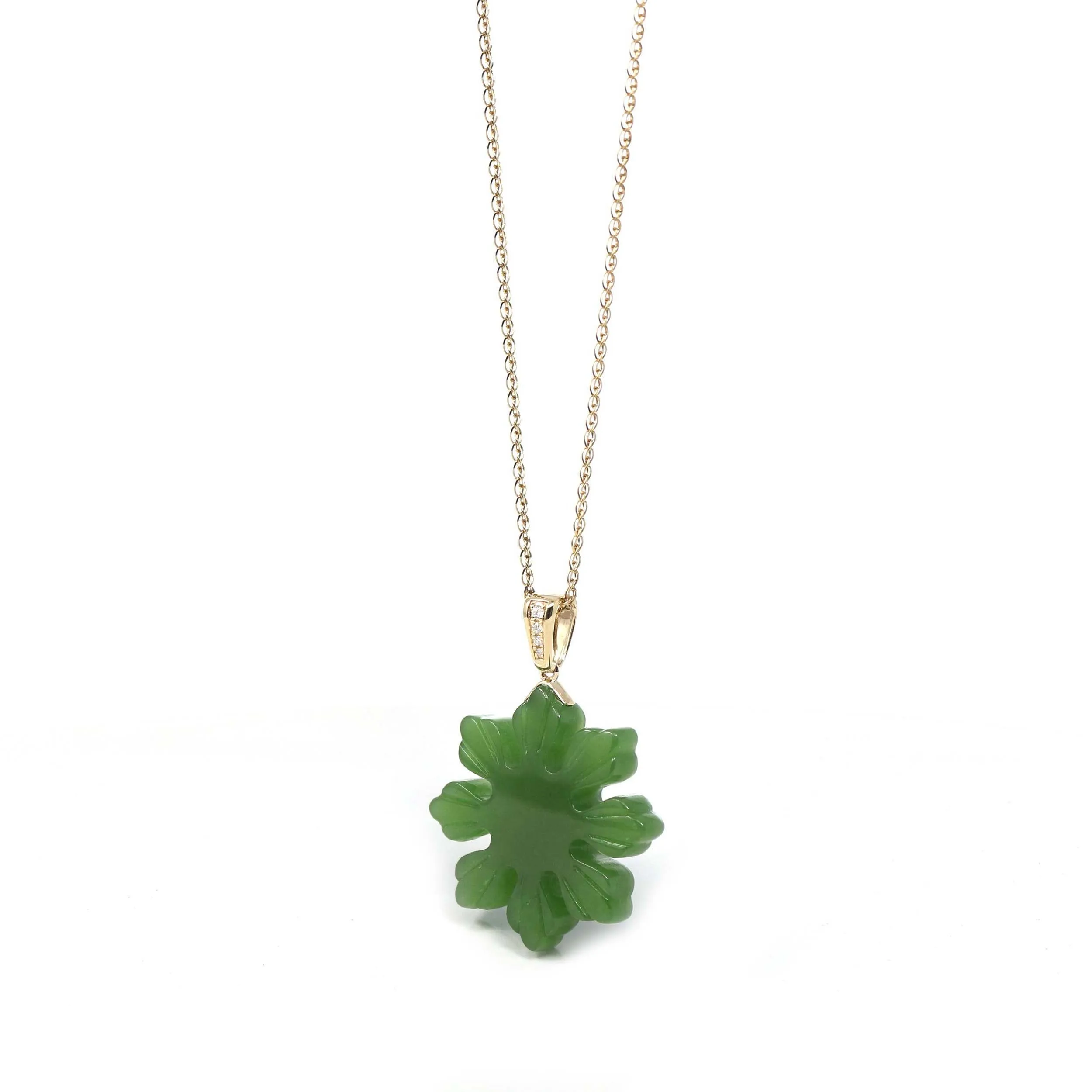 Baikalla™ " Philippines sunflower" 14k Yellow Gold Genuine Nephrite Green Jade Pendant Necklace