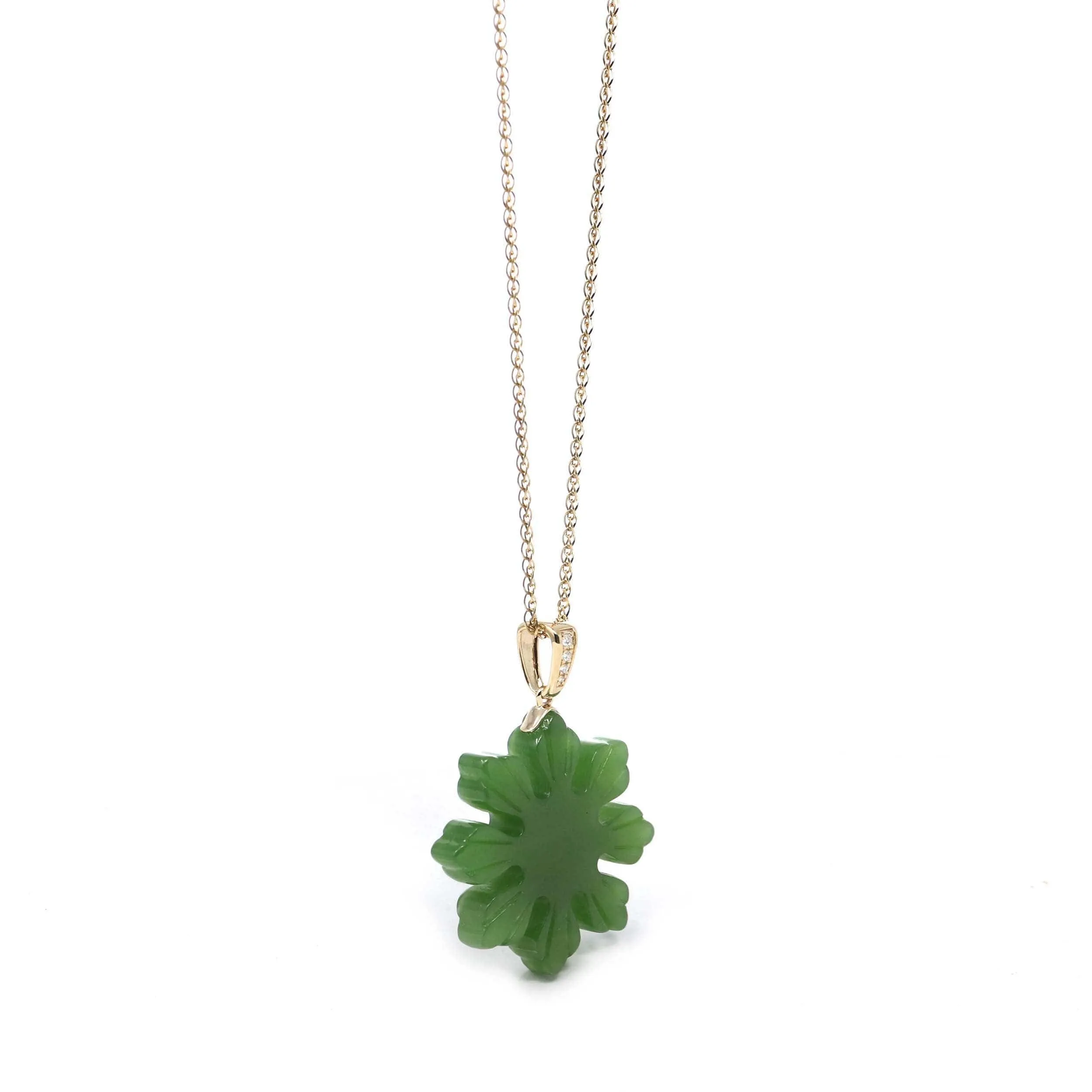 Baikalla™ " Philippines sunflower" 14k Yellow Gold Genuine Nephrite Green Jade Pendant Necklace
