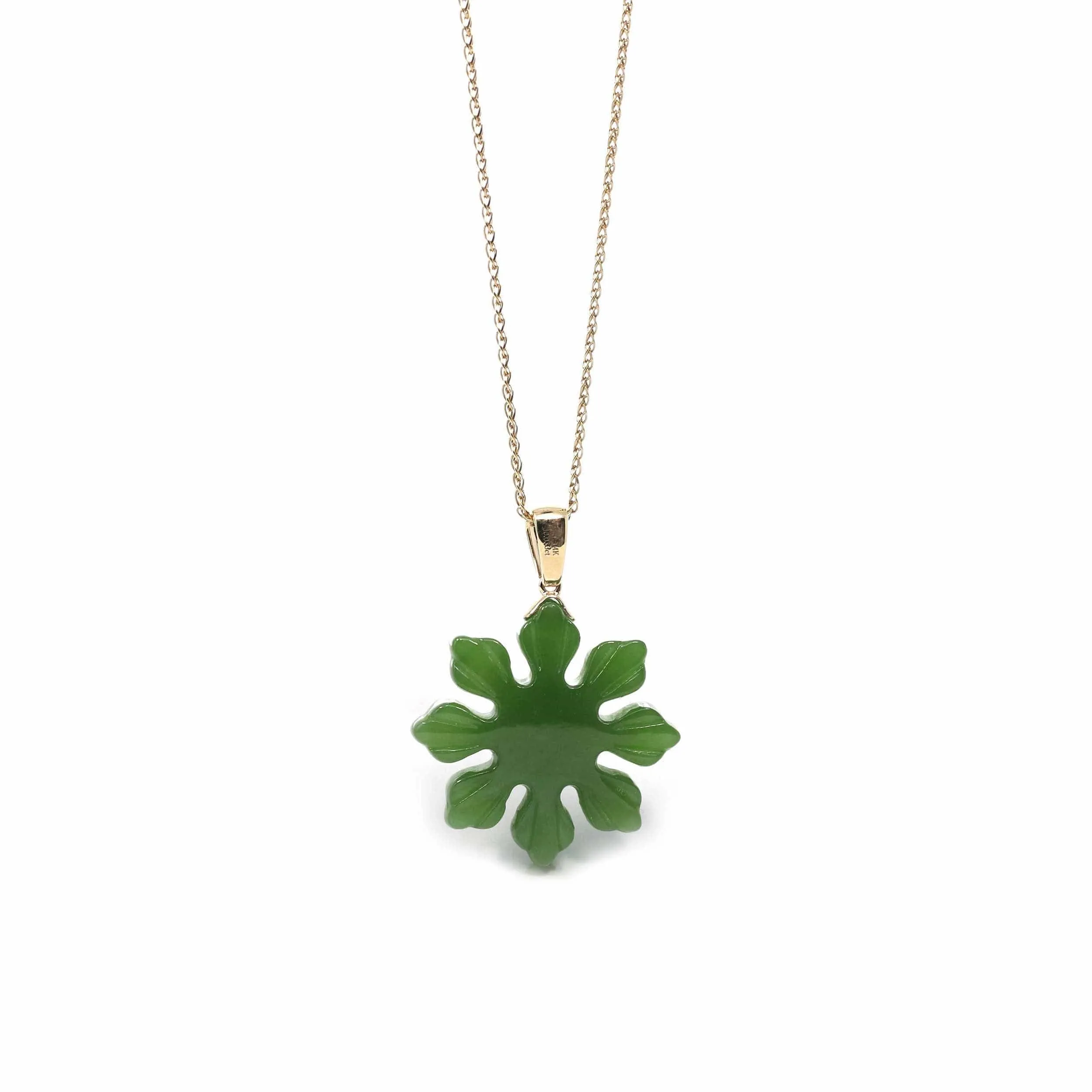 Baikalla™ " Philippines sunflower" 14k Yellow Gold Genuine Nephrite Green Jade Pendant Necklace
