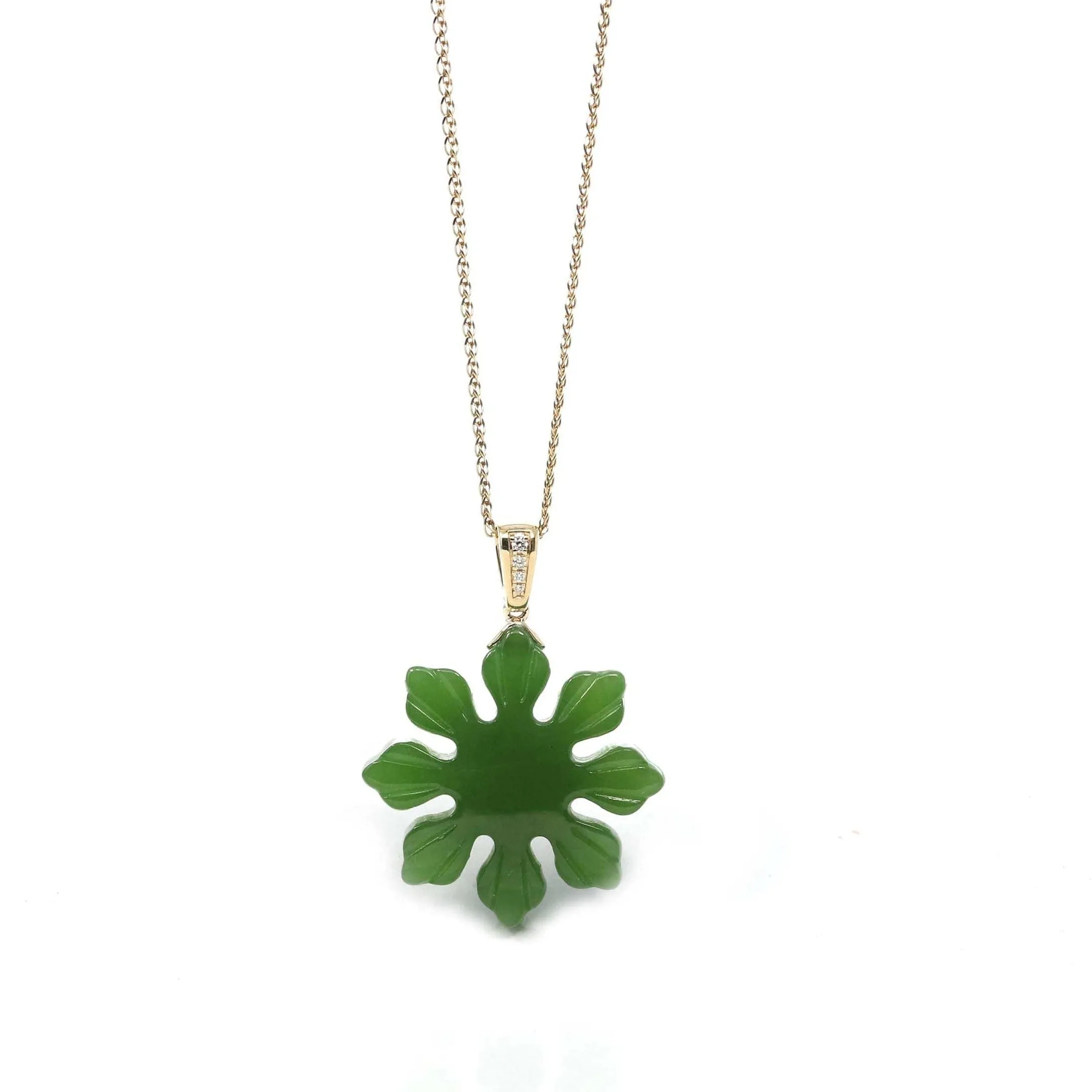 Baikalla™ " Philippines sunflower" 14k Yellow Gold Genuine Nephrite Green Jade Pendant Necklace
