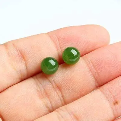 Baikalla™ "Classic Jade Stud" 14K Gold Genuine Nephrite Green Jade Beads (high quality) Earrings