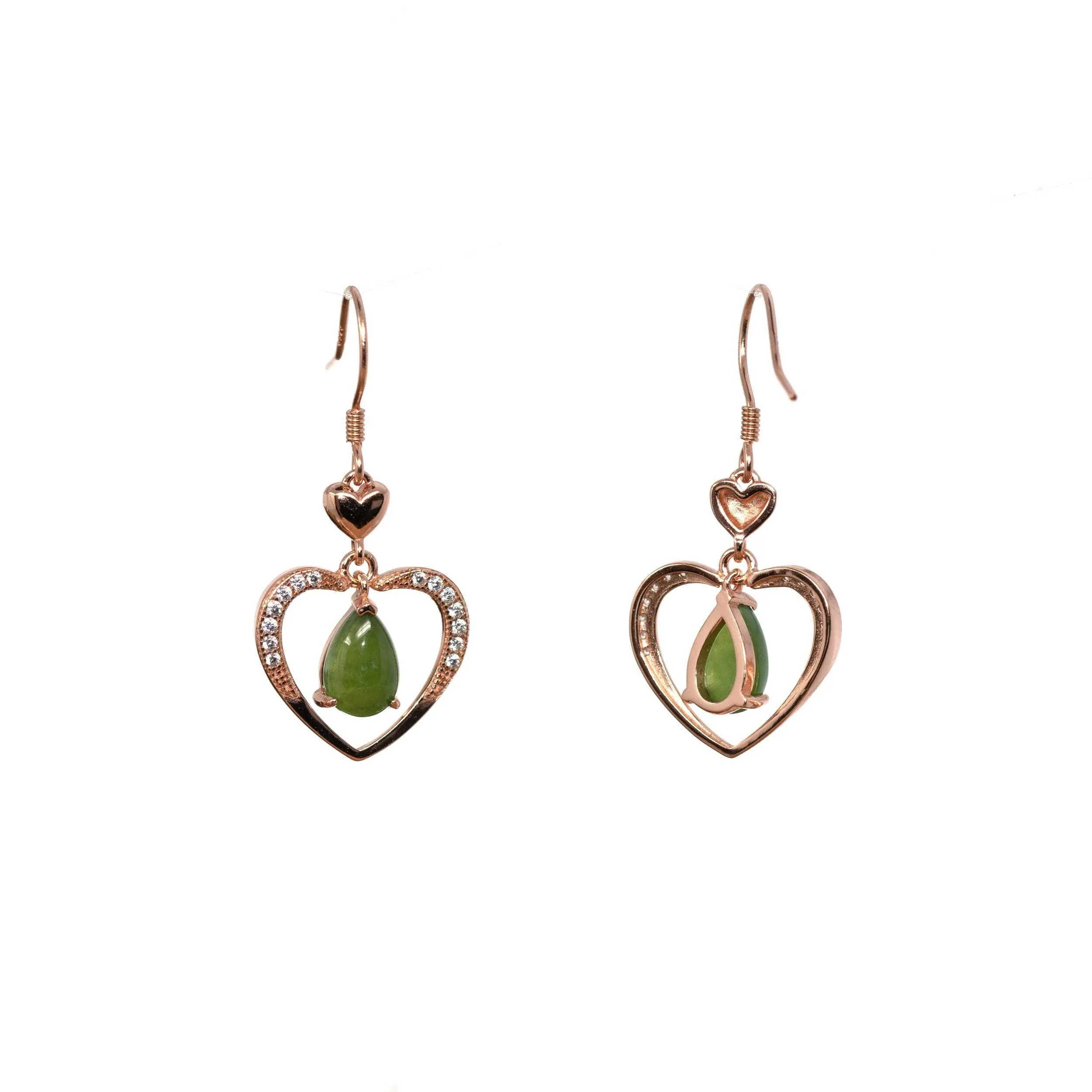 Baikalla "Love Earrings" Sterling Silver Genuine Nephrite Green Jade Dangle Earrings With CZ