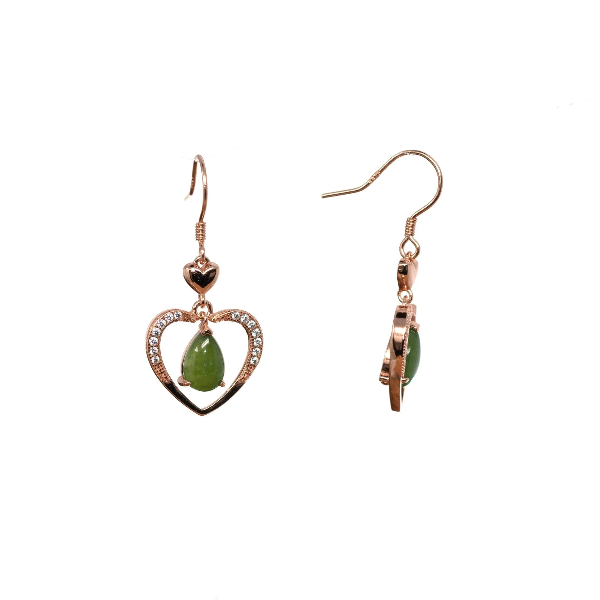 Baikalla "Love Earrings" Sterling Silver Genuine Nephrite Green Jade Dangle Earrings With CZ
