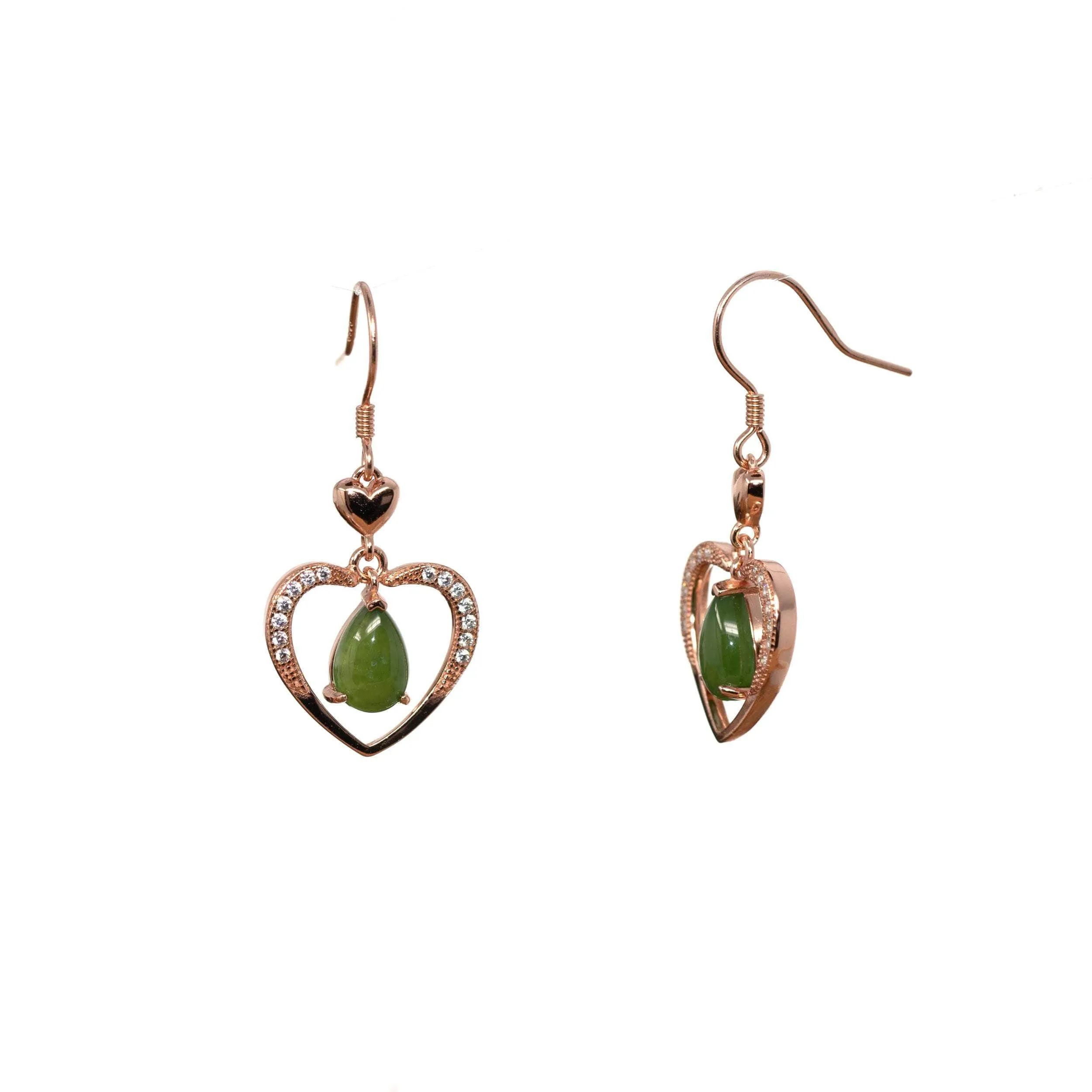 Baikalla "Love Earrings" Sterling Silver Genuine Nephrite Green Jade Dangle Earrings With CZ