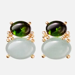 BoHo stud earrings with green tourmaline and aquamarine