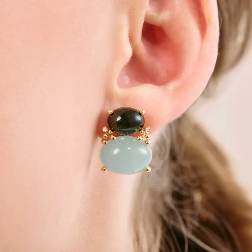 BoHo stud earrings with green tourmaline and aquamarine