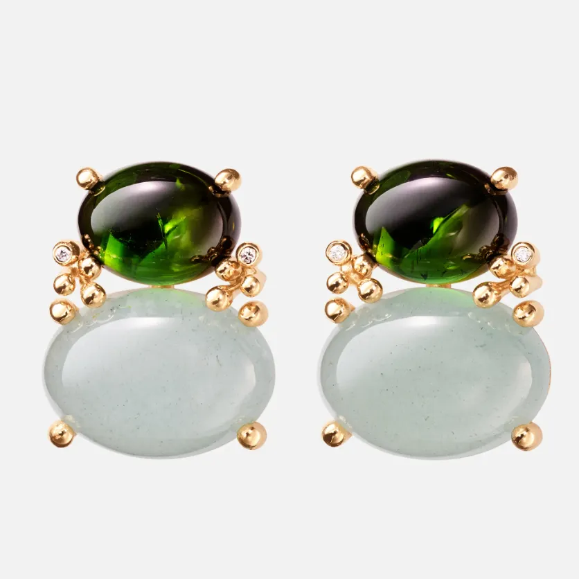 BoHo stud earrings with green tourmaline and aquamarine