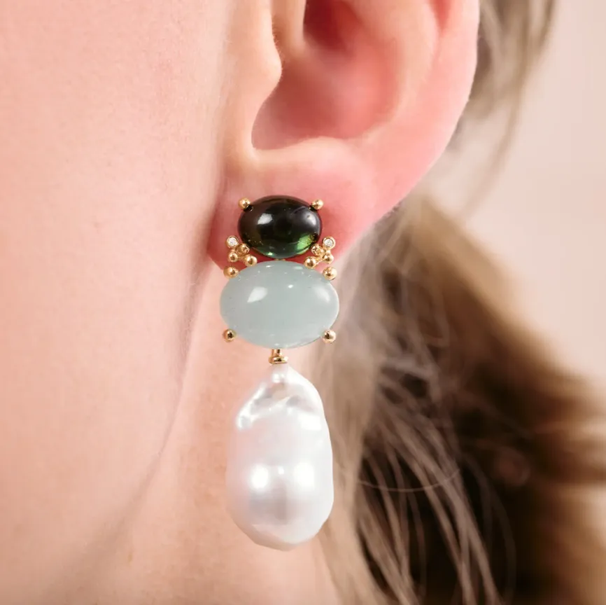 BoHo stud earrings with green tourmaline and aquamarine