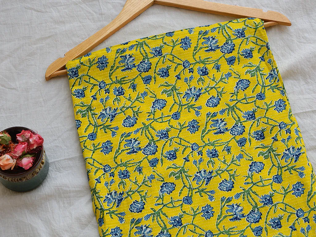 Bright Yellow & Blue Floral Pure Cotton Kantha Fabric