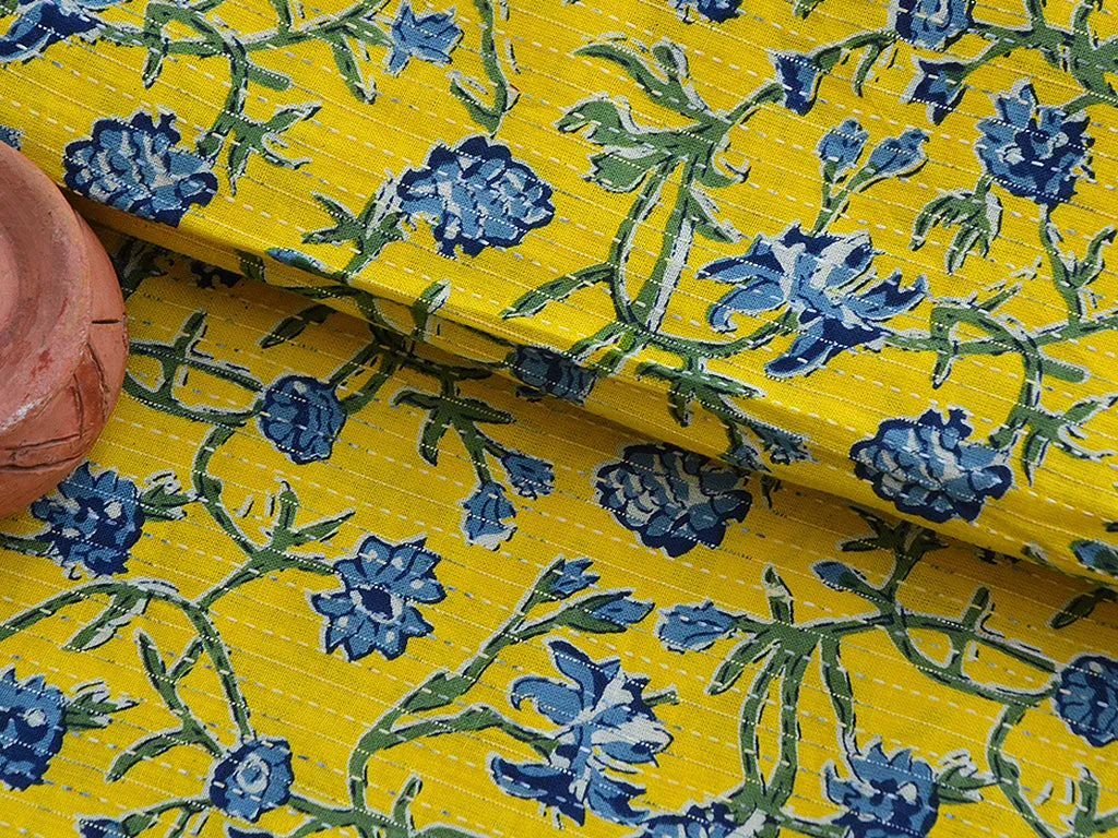 Bright Yellow & Blue Floral Pure Cotton Kantha Fabric