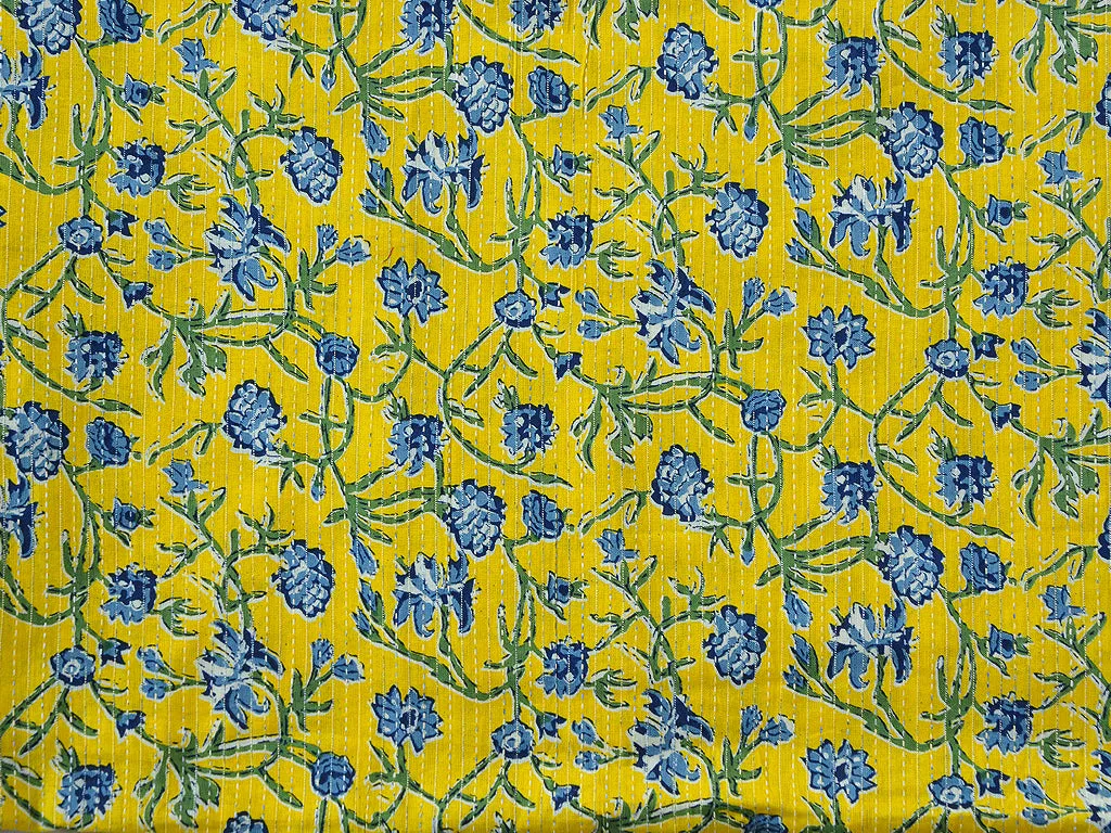 Bright Yellow & Blue Floral Pure Cotton Kantha Fabric