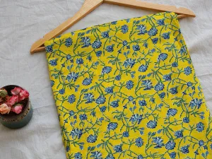Bright Yellow & Blue Floral Pure Cotton Kantha Fabric