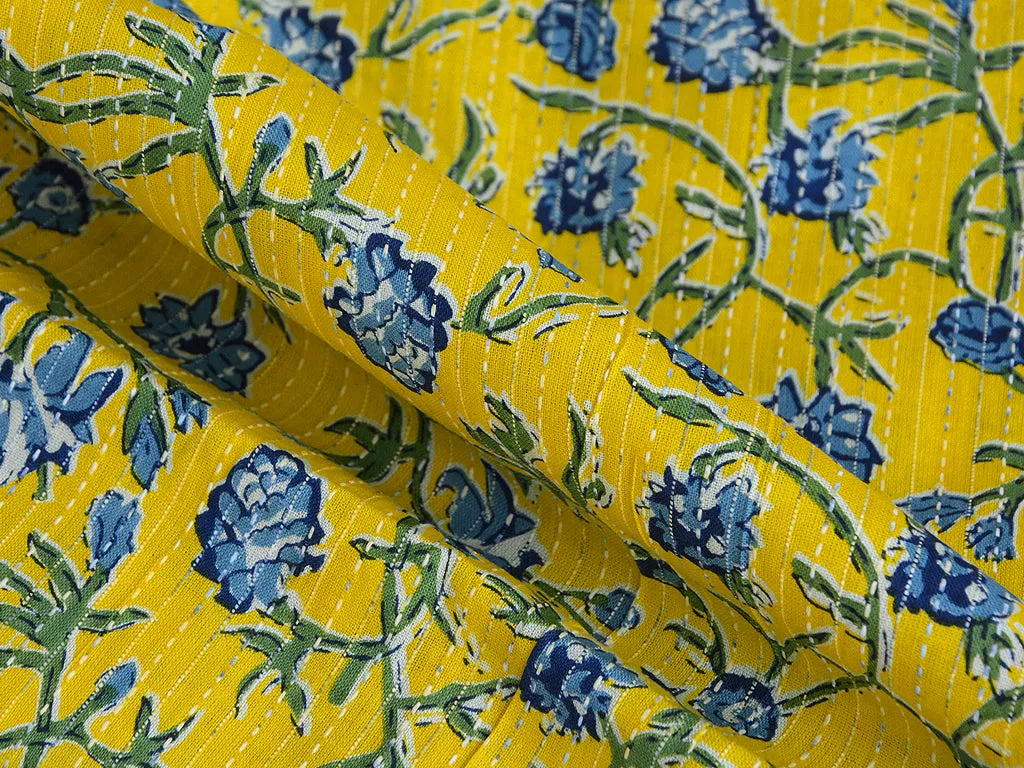 Bright Yellow & Blue Floral Pure Cotton Kantha Fabric