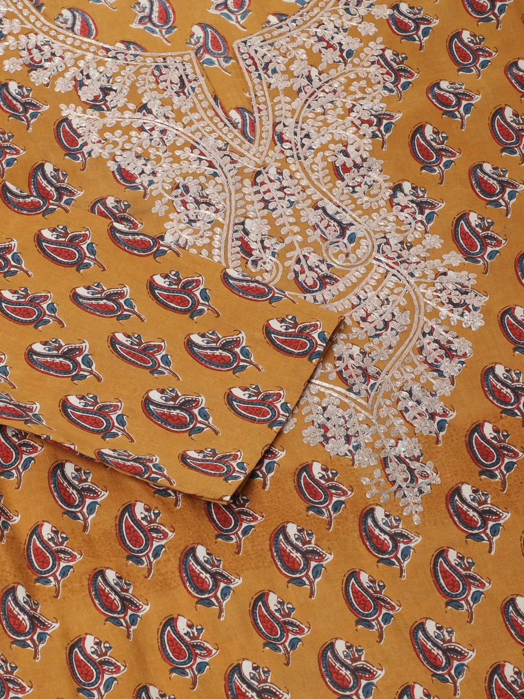 Brown Floral Printed Cotton Zari Work Kurta for Women