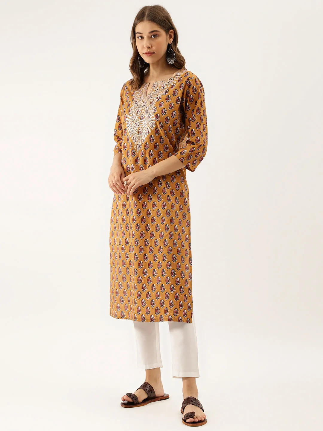 Brown Floral Printed Cotton Zari Work Kurta for Women