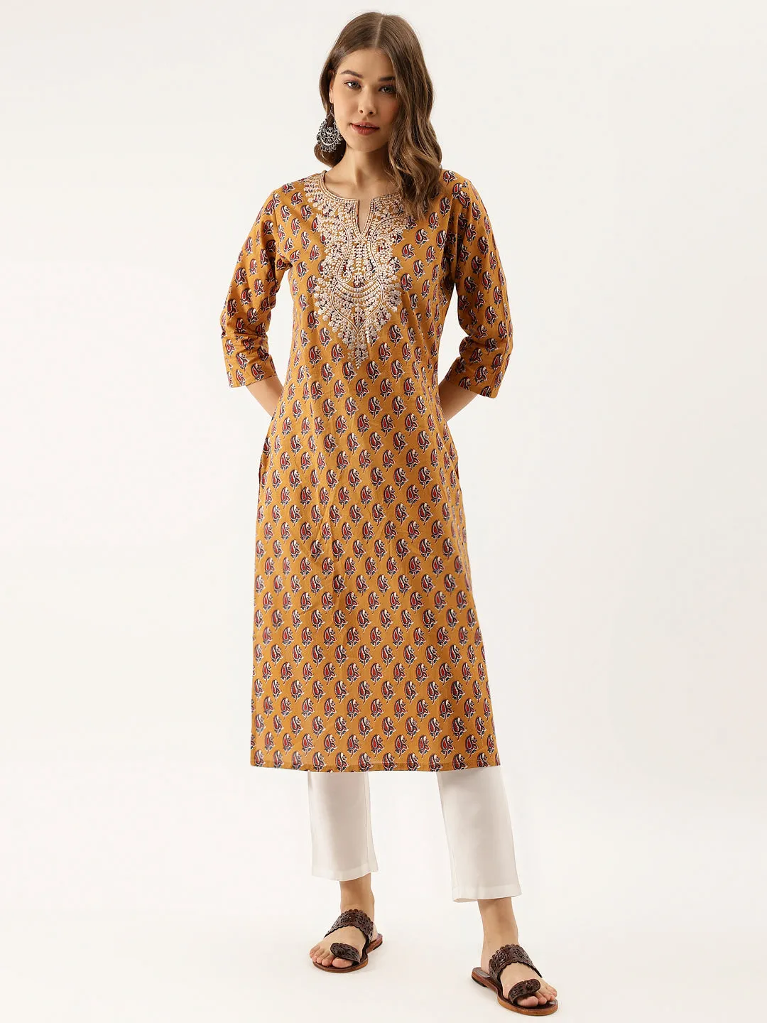 Brown Floral Printed Cotton Zari Work Kurta for Women