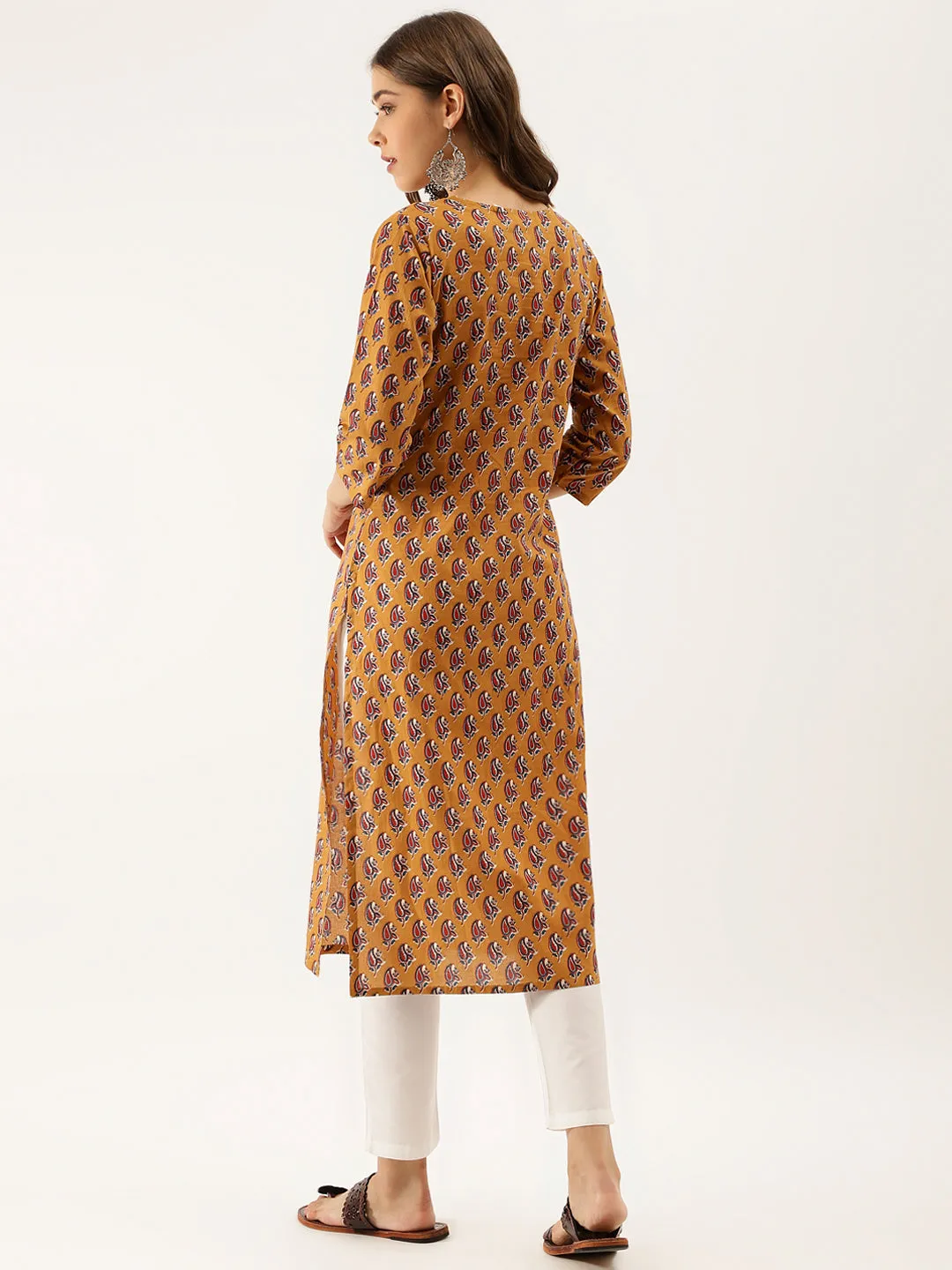 Brown Floral Printed Cotton Zari Work Kurta for Women