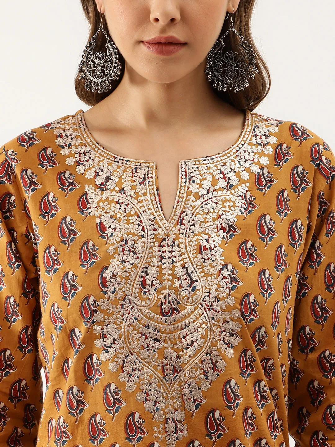 Brown Floral Printed Cotton Zari Work Kurta for Women