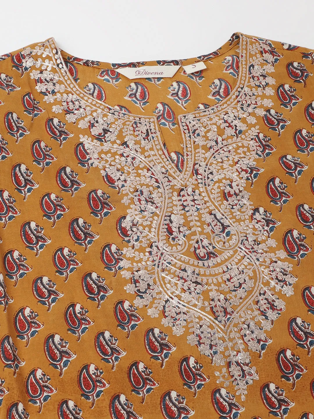 Brown Floral Printed Cotton Zari Work Kurta for Women