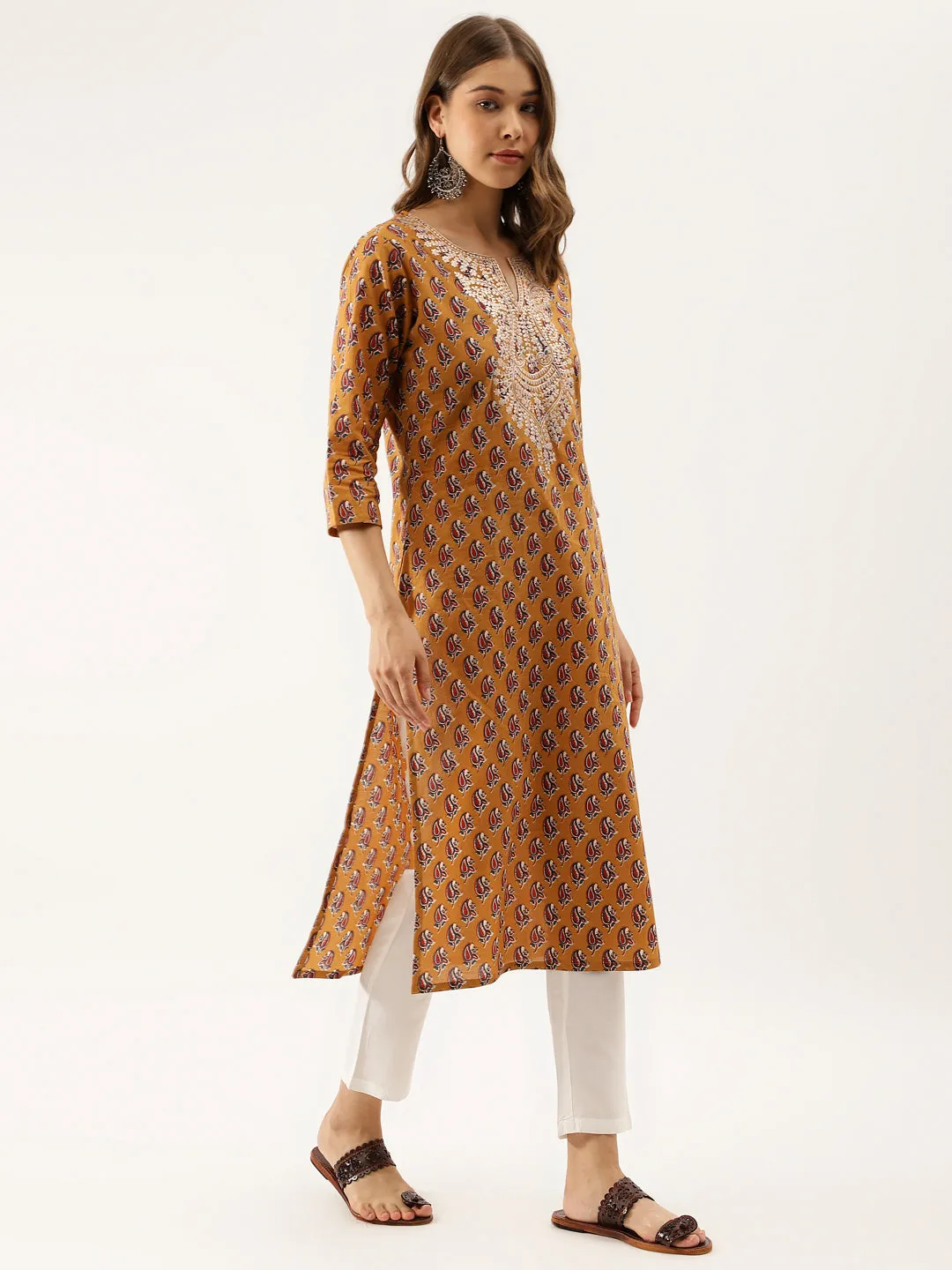 Brown Floral Printed Cotton Zari Work Kurta for Women