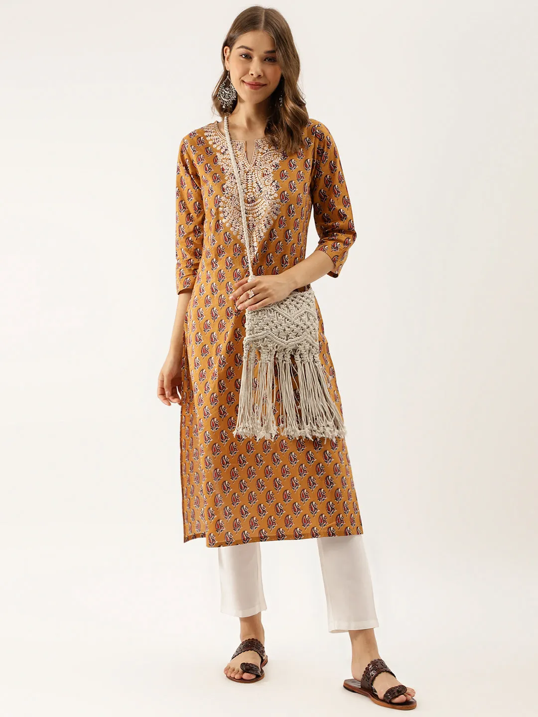 Brown Floral Printed Cotton Zari Work Kurta for Women