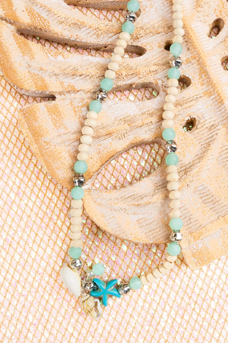 By The Coast Starfish Mint Glass & Wood Beaded Choker