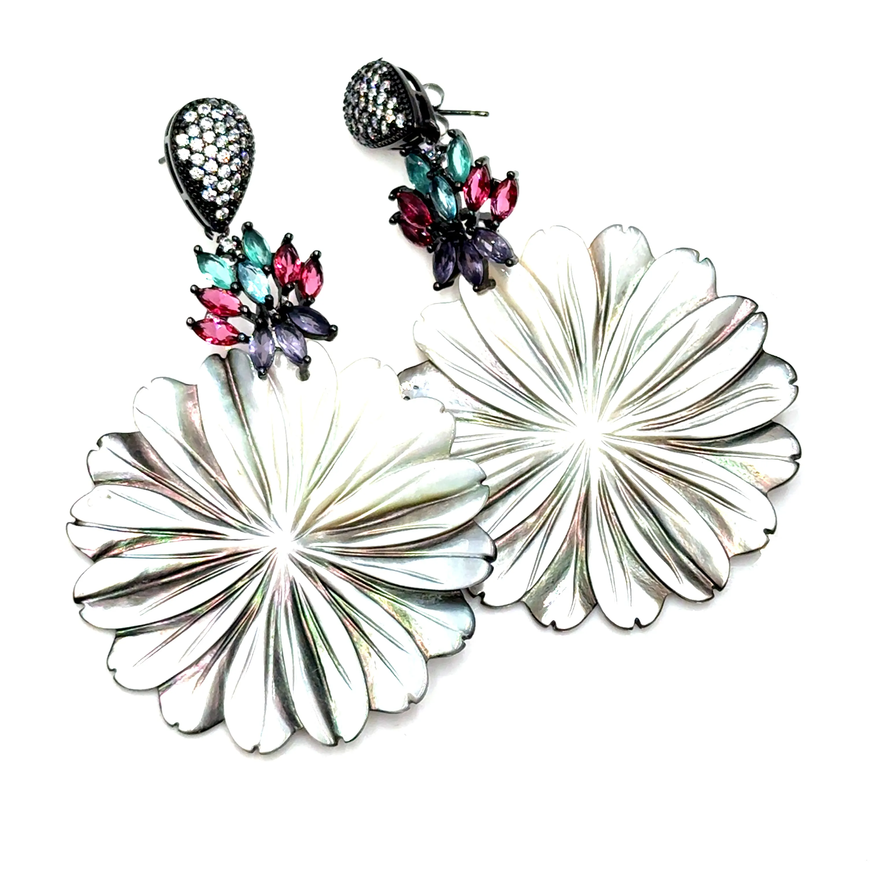 Carved Mother Of Pearl Floral Statement Earring