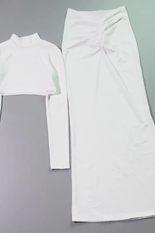 Casual Long Sleeve Stand Collar Long Skirt Suit