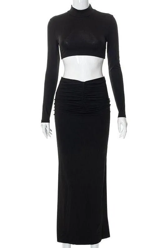 Casual Long Sleeve Stand Collar Long Skirt Suit