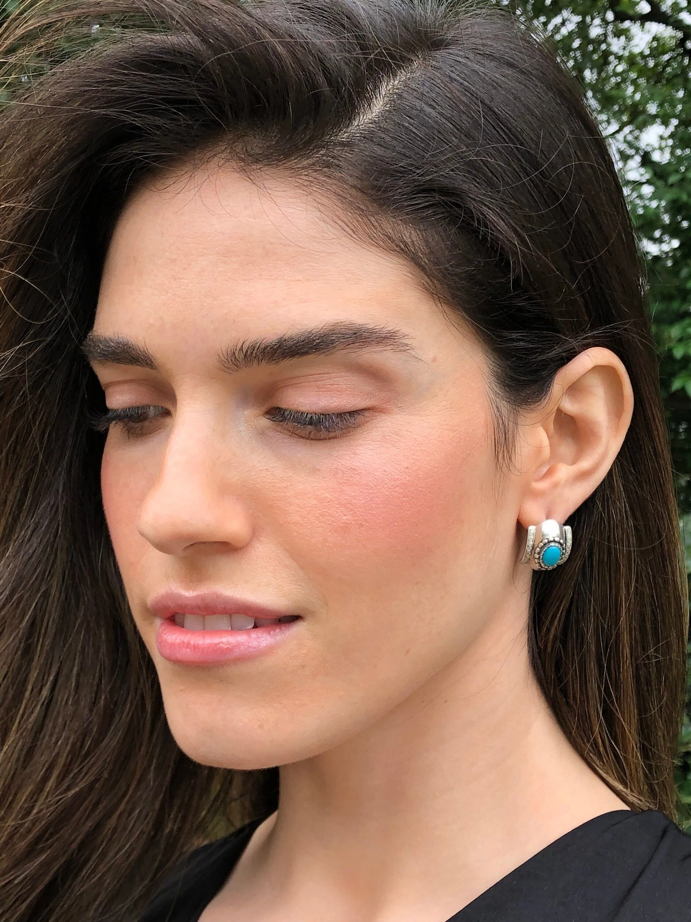 Chunky Turquoise Earrings - Genuine Turquoise Earrings - Turquoise Silver Hoops