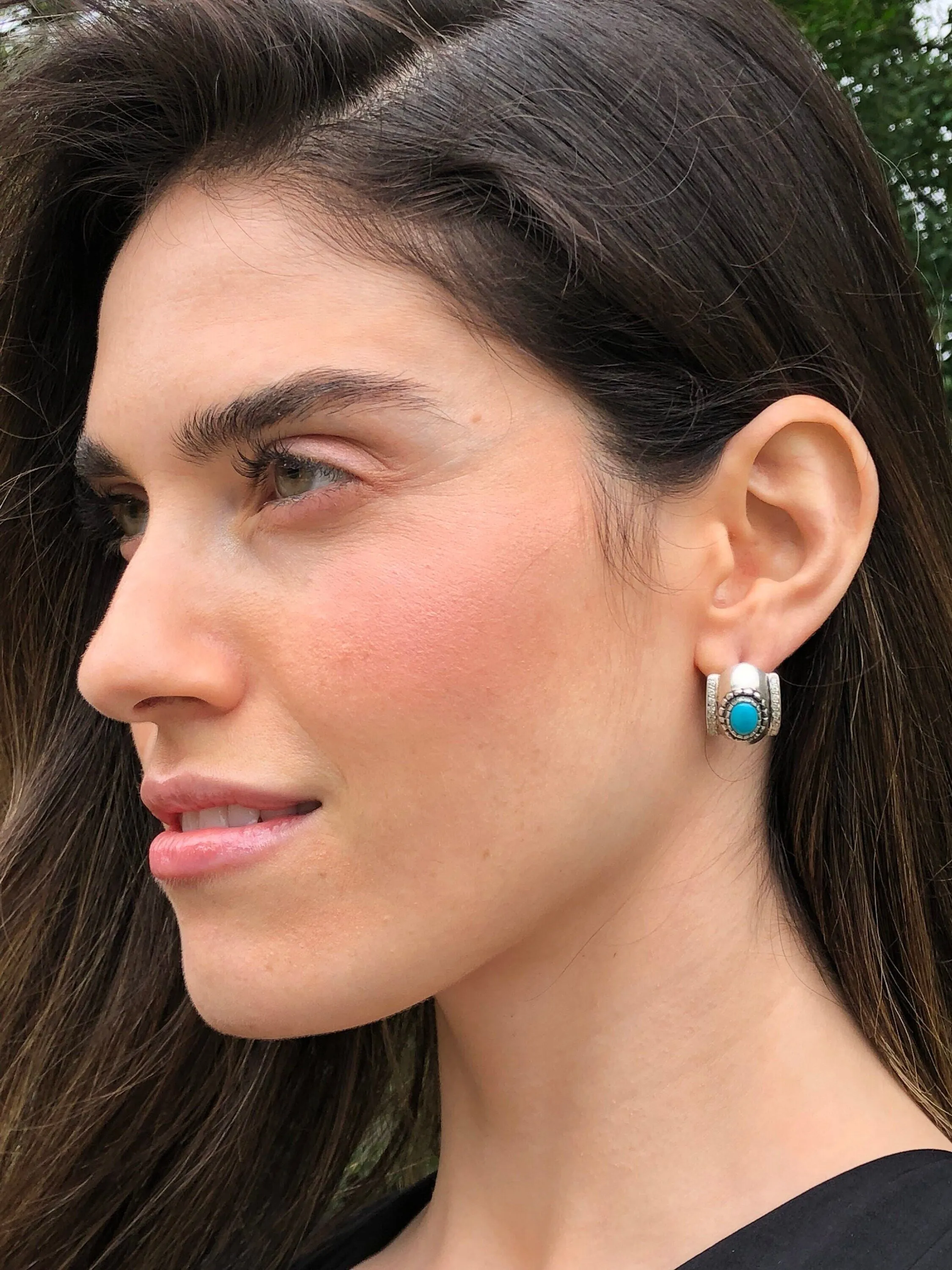Chunky Turquoise Earrings - Genuine Turquoise Earrings - Turquoise Silver Hoops
